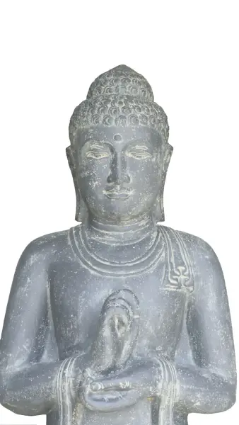 Product image 4 of the product “Standing Buddha wheel of teaching, India, 192 cm high, artificial stone, hollow, handmade & colored. Colored in the color antique finish ”